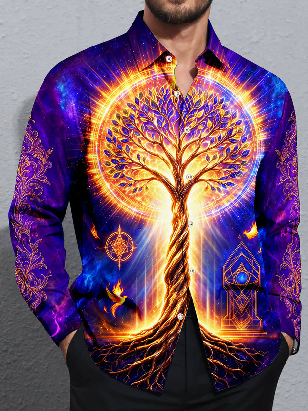 Adaychic Men's Graphic Tree Of Life And Phoenix Print Long Sleeve Shirt with Chest Pocket