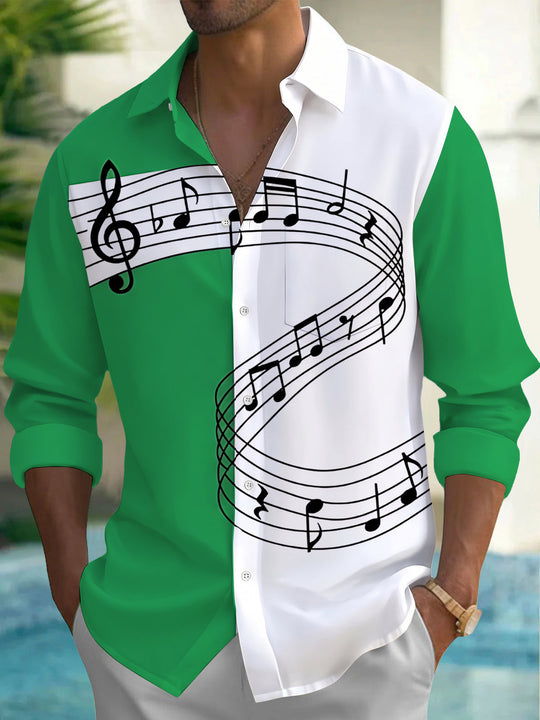 Adaychic Men's Printed Musical Notes And Staff Lines Print Long Sleeve Shirt with Chest Pocket