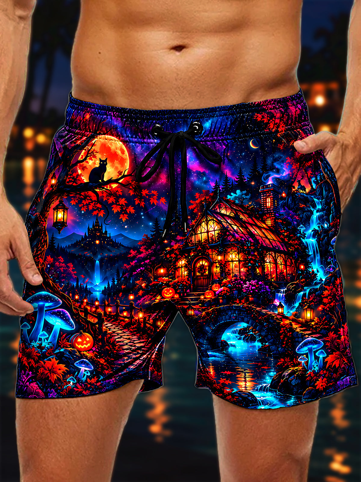 Adaychic Men's Drawstring Elastic-Waist Shorts - Halloween Black Cats And Pumpkins Print with Side Pockets