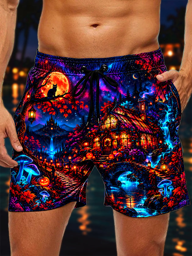 Adaychic Men's Drawstring Elastic-Waist Shorts - Halloween Black Cats And Pumpkins Print with Side Pockets