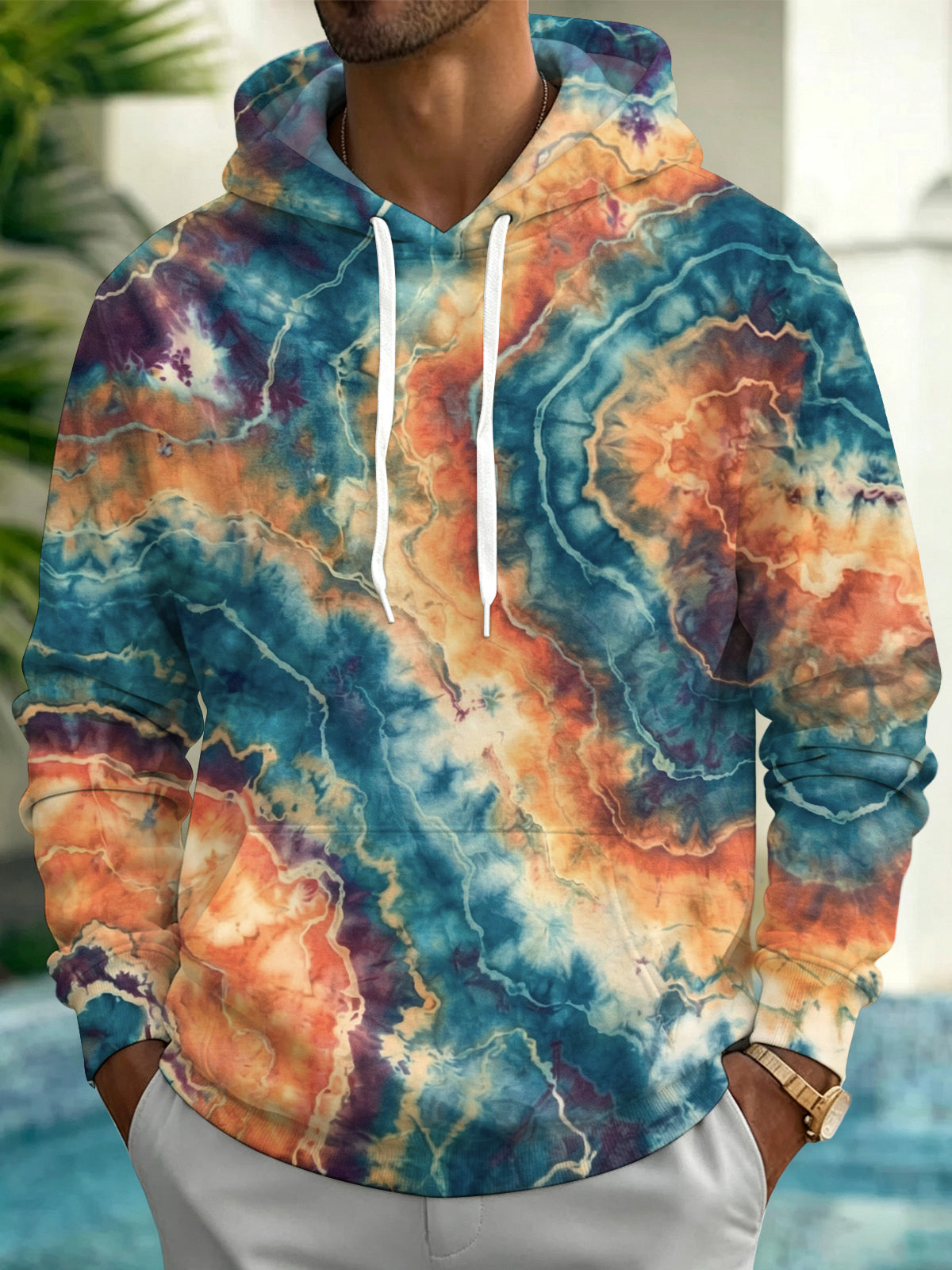 Adaychic Men's Abstract Tie Dye Fluid Texture Print Long Sleeve Hoodie