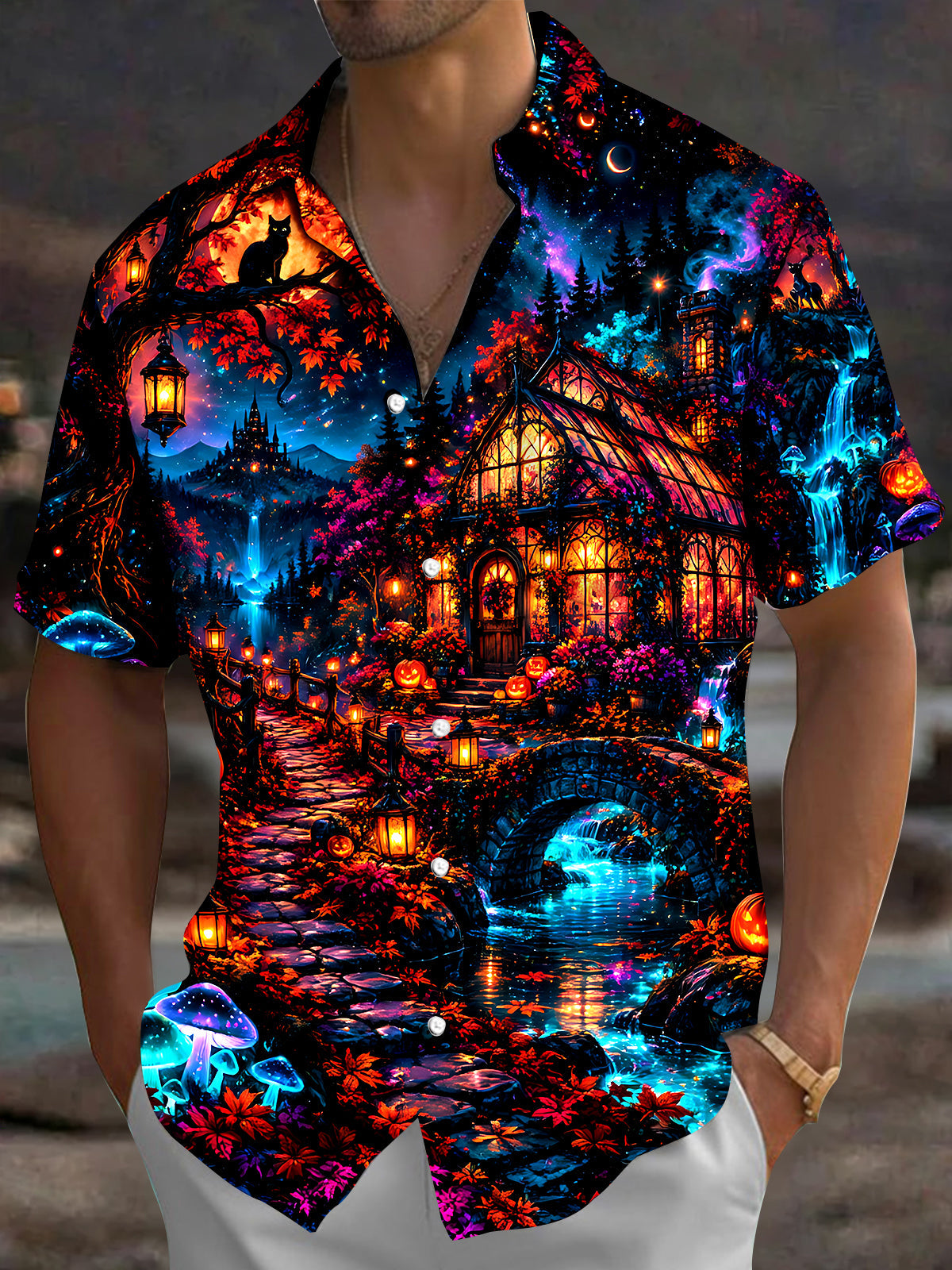 Adaychic Men's Halloween Black Cats And Pumpkins Print Short Sleeve Shirt with Chest Pocket