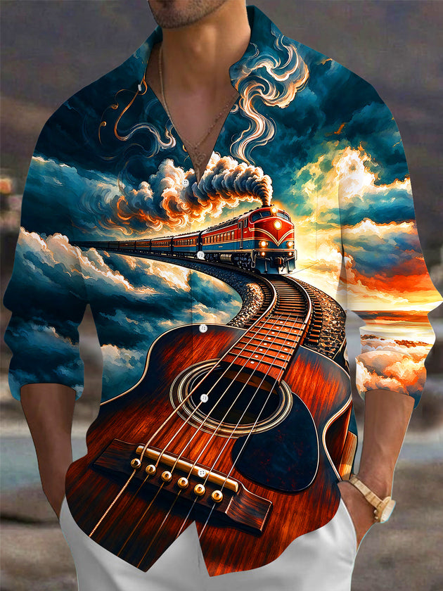 Adaychic Men's Graphic Guitar And Steam Train Print Long Sleeve Shirt with Chest Pocket