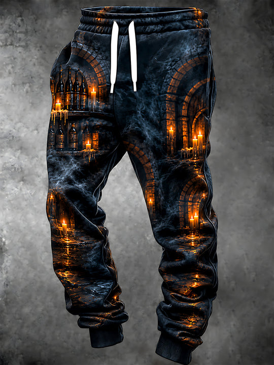Adaychic Men's Candlelit Wine Cellar With Stone Arches Print Pants