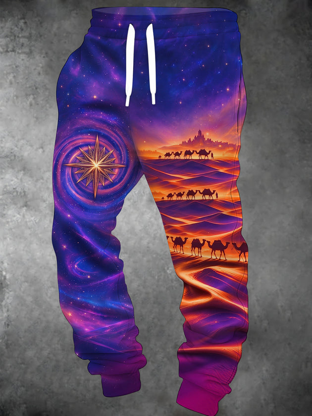 Adaychic Men's Printed Desert Camel Landscape With Galaxy Sky Print Pants