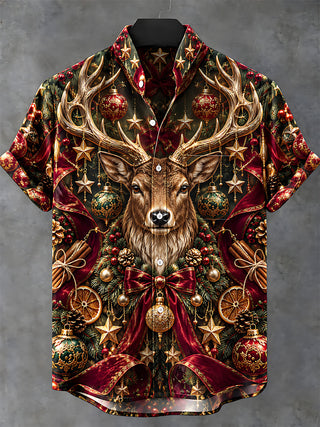 Adaychic Men's Hawaiian Christmas Elk And Ornaments Print Short Sleeve Shirt with Chest Pocket