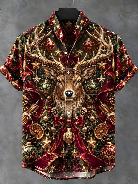 Adaychic Men's Hawaiian Christmas Elk And Ornaments Print Short Sleeve Shirt with Chest Pocket
