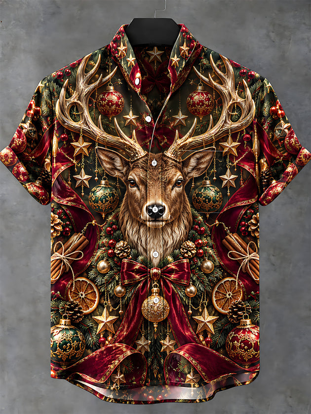 Adaychic Men's Hawaiian Christmas Elk And Ornaments Print Short Sleeve Shirt with Chest Pocket
