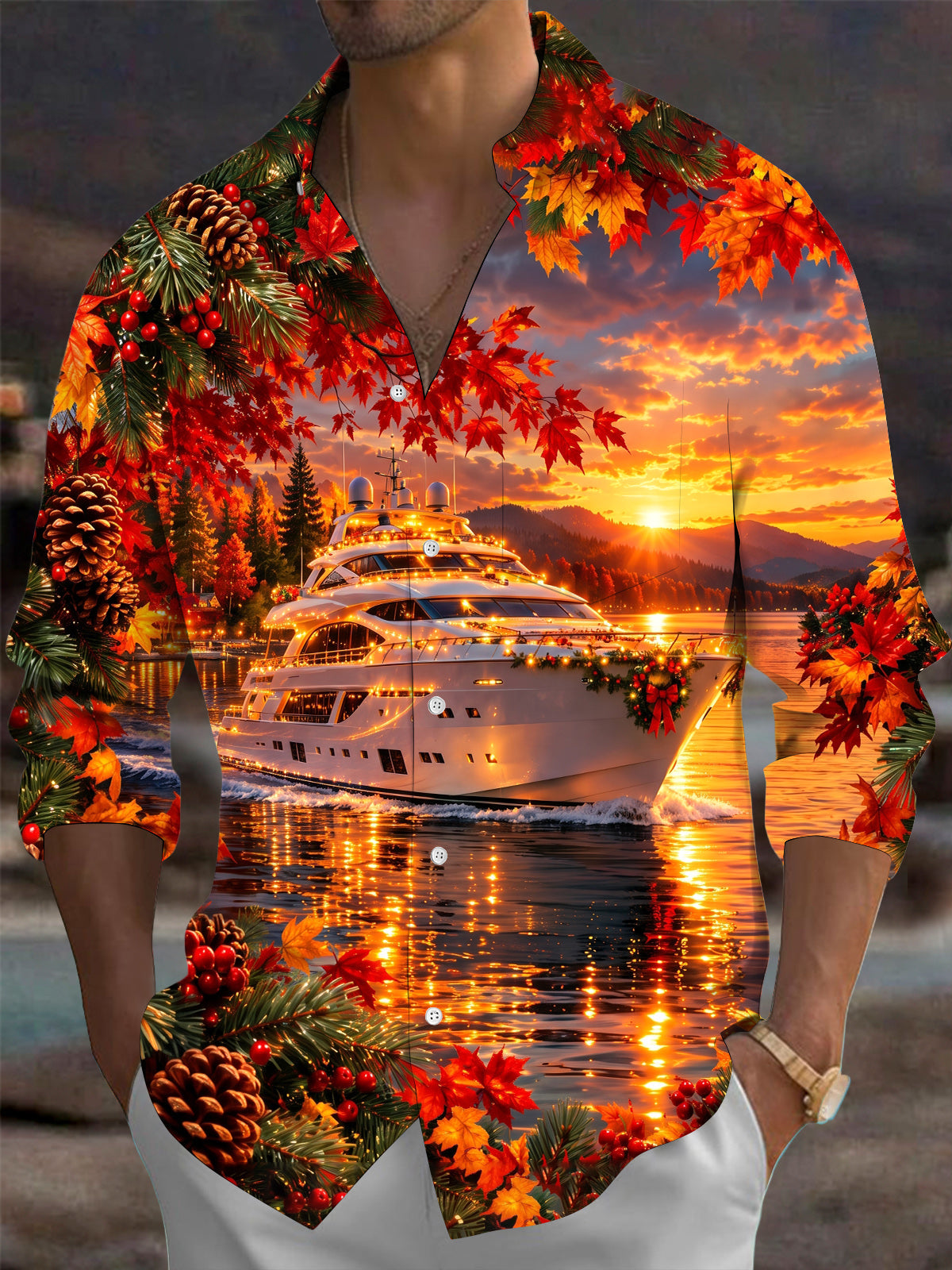 Adaychic Men's Short Sleeve Shirt - Cruise Ship With Christmas Wreath And Autumn Leaves Print with Chest Pocket