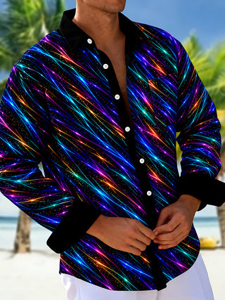 Adaychic Men's Striped Neon Geometric Lines Print Long Sleeve Shirt with Chest Pocket