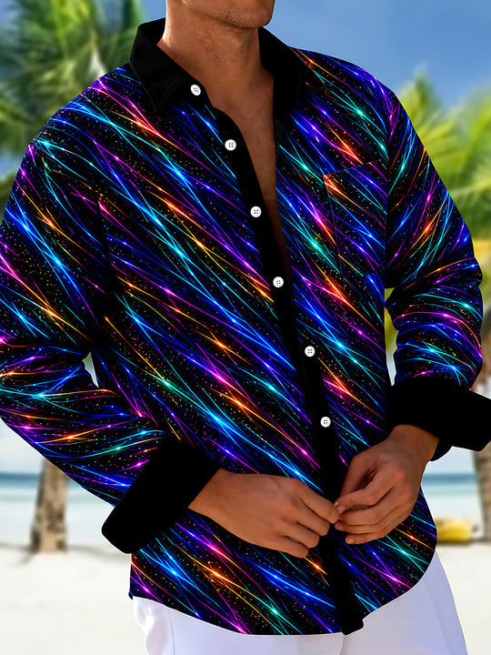 Adaychic Men's Striped Neon Geometric Lines Print Long Sleeve Shirt with Chest Pocket