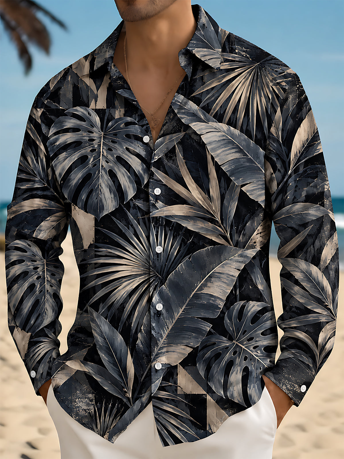 Adaychic Men's Hawaiian Tropical Leaves And Monstera Print Long Sleeve Shirt with Chest Pocket