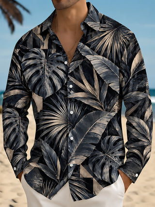 Adaychic Men's Hawaiian Tropical Leaves And Monstera Print Long Sleeve Shirt with Chest Pocket