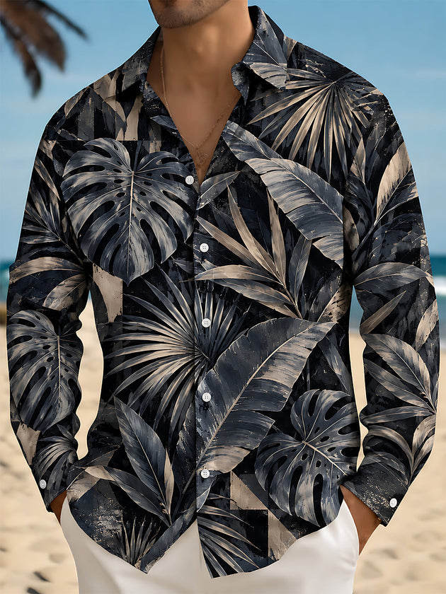Adaychic Men's Hawaiian Tropical Leaves And Monstera Print Long Sleeve Shirt with Chest Pocket