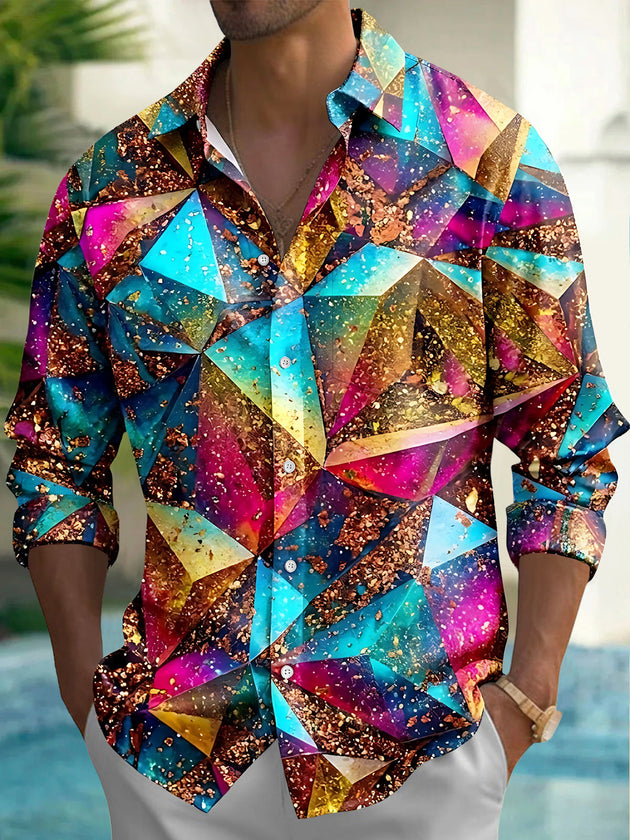 Adaychic Men's Long Sleeve Shirt - Colorful Geometric Shapes With Glitter Texture Print with Chest Pocket