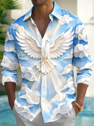 Adaychic Men's Printed White Dove And Clouds Print Long Sleeve Shirt with Chest Pocket