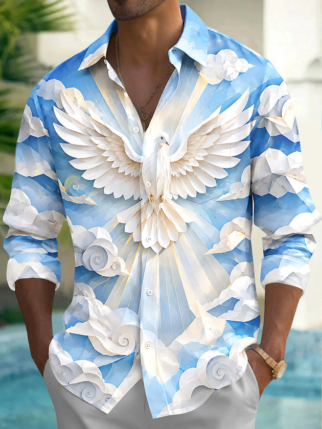 Adaychic Men's Printed White Dove And Clouds Print Long Sleeve Shirt with Chest Pocket