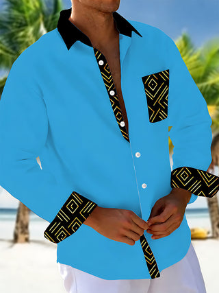 Adaychic Men's Patterned Geometric Gold Lines On Black Print Long Sleeve Shirt with Chest Pocket