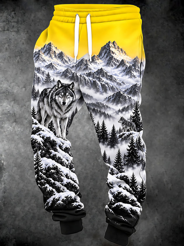 Adaychic Men's Wolf In Snowy Mountain Landscape Print Pants