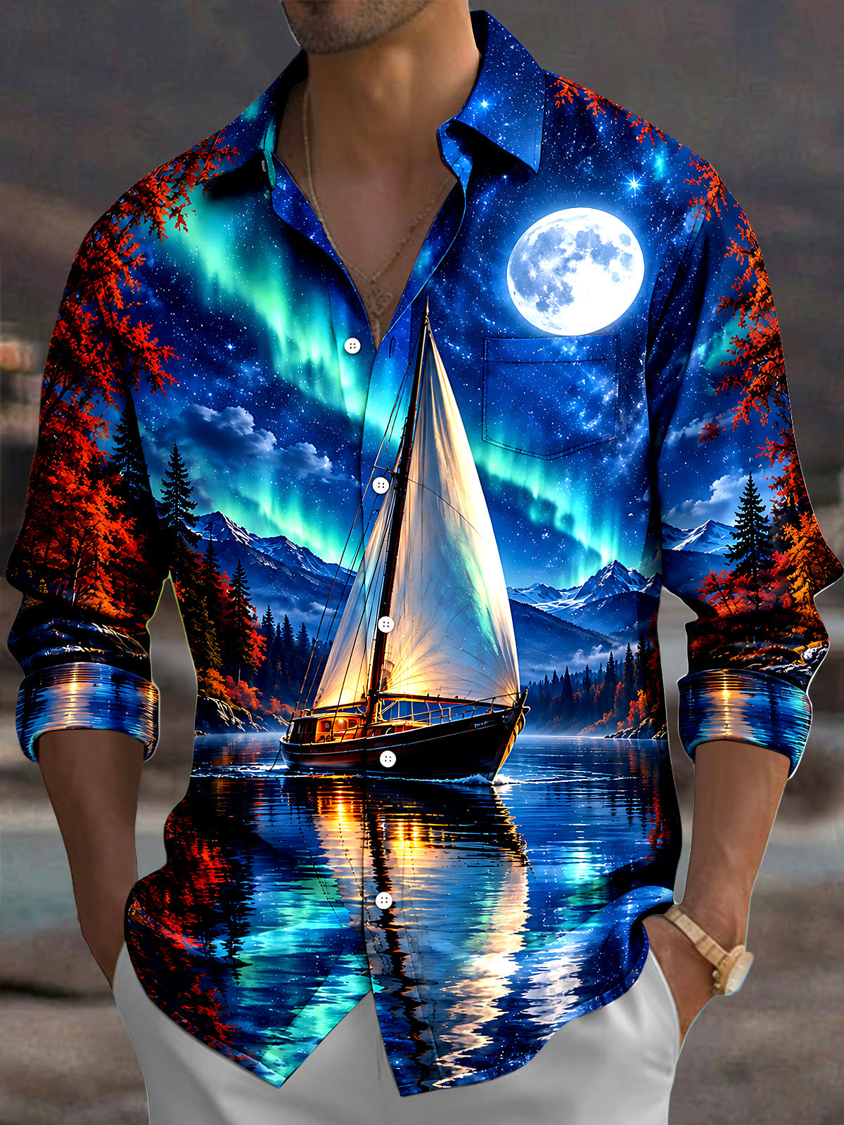 Adaychic Men's Long Sleeve Shirt - Sailing Boat On Lake With Aurora Borealis Print with Chest Pocket