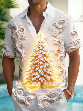 Adaychic Men's Glowing Christmas Tree With Scrollwork Print Short Sleeve Shirt with Chest Pocket