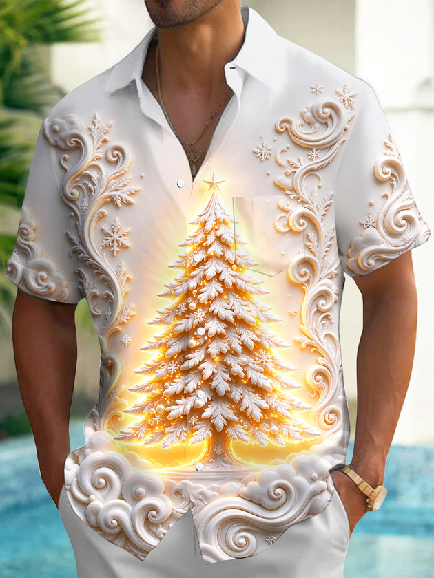 Adaychic Men's Glowing Christmas Tree With Scrollwork Print Short Sleeve Shirt with Chest Pocket