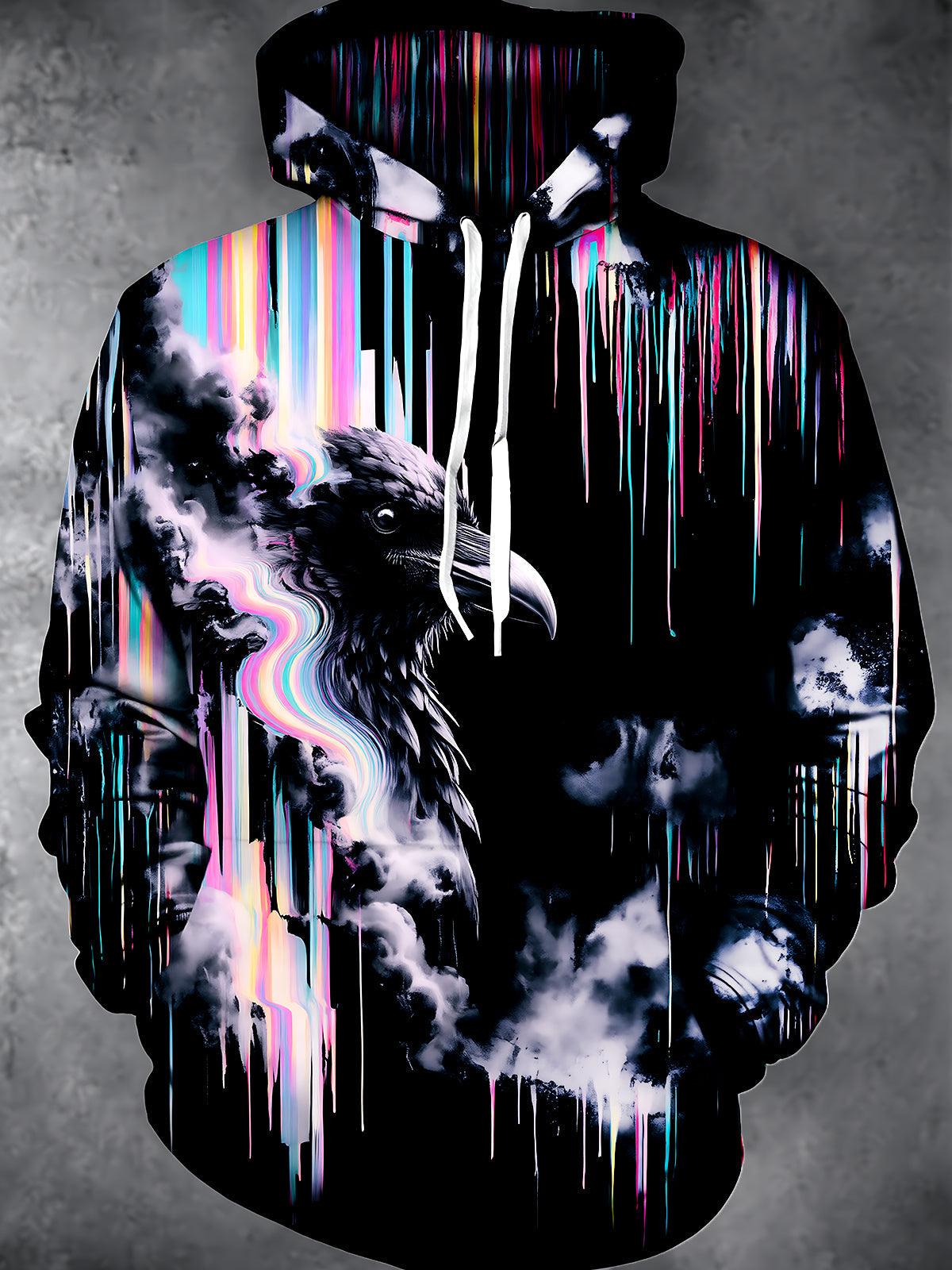 Adaychic Men's Graphic Crow With Glitch Drip Effect Print Long Sleeve Hoodie