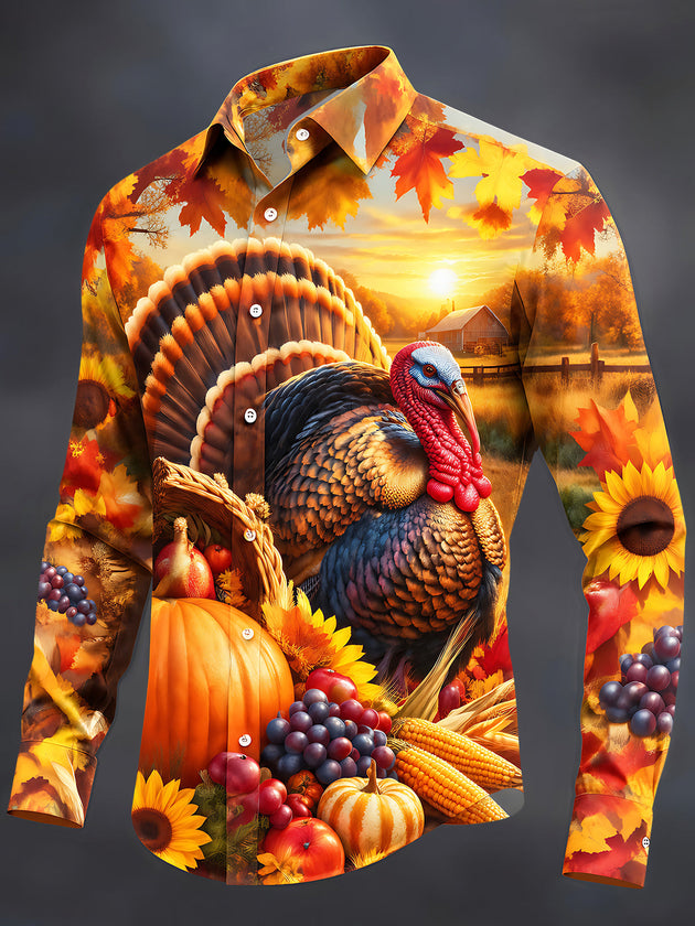 Adaychic Men's Long Sleeve Shirt - Thanksgiving Turkey And Harvest Cornucopia Print with Chest Pocket