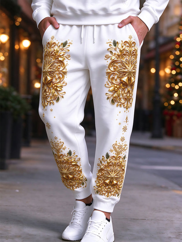 Adaychic Men's Gold Christmas Bells And Ornate Floral Relief Print Pants