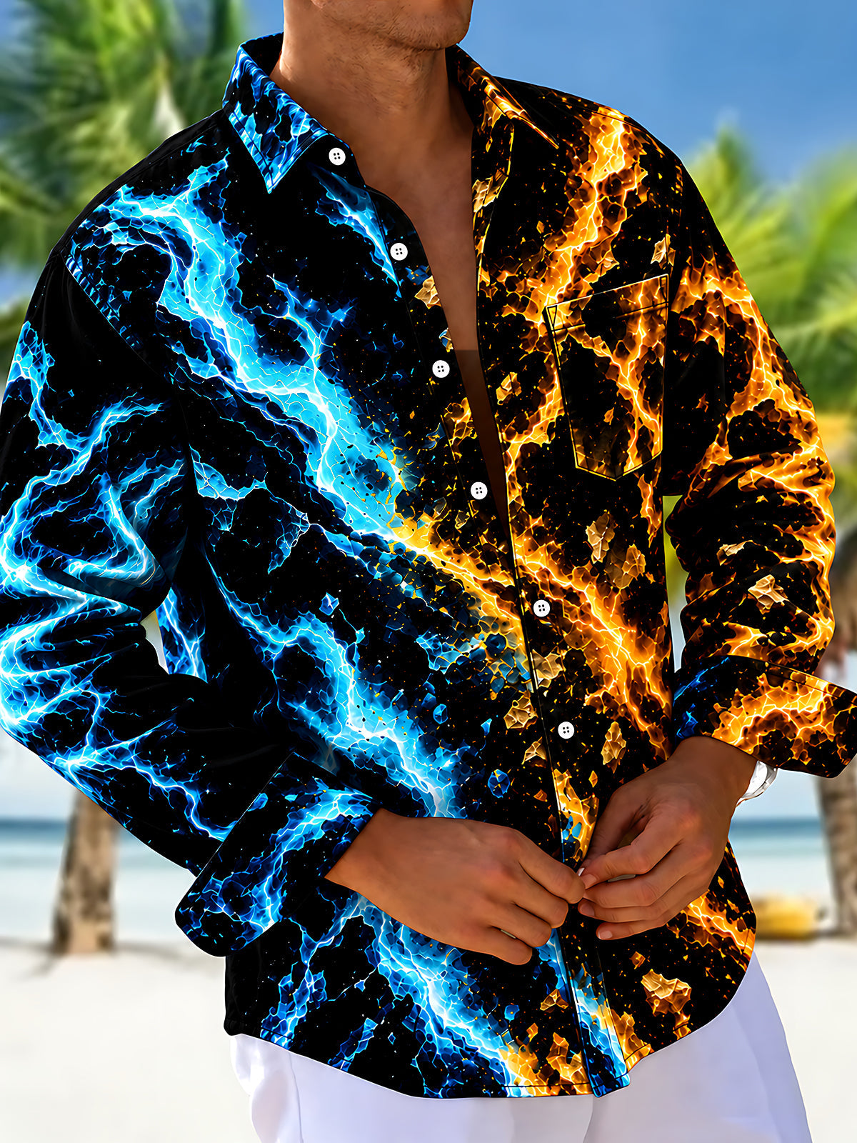 Adaychic Men's Abstract Fire And Ice Lightning Pattern Long Sleeve Shirt with Chest Pocket
