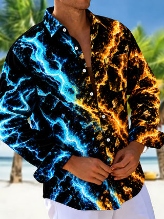 Adaychic Men's Abstract Fire And Ice Lightning Pattern Long Sleeve Shirt with Chest Pocket