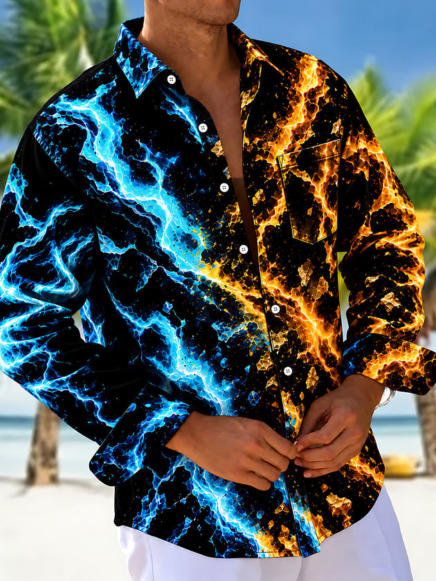 Adaychic Men's Abstract Fire And Ice Lightning Pattern Long Sleeve Shirt with Chest Pocket