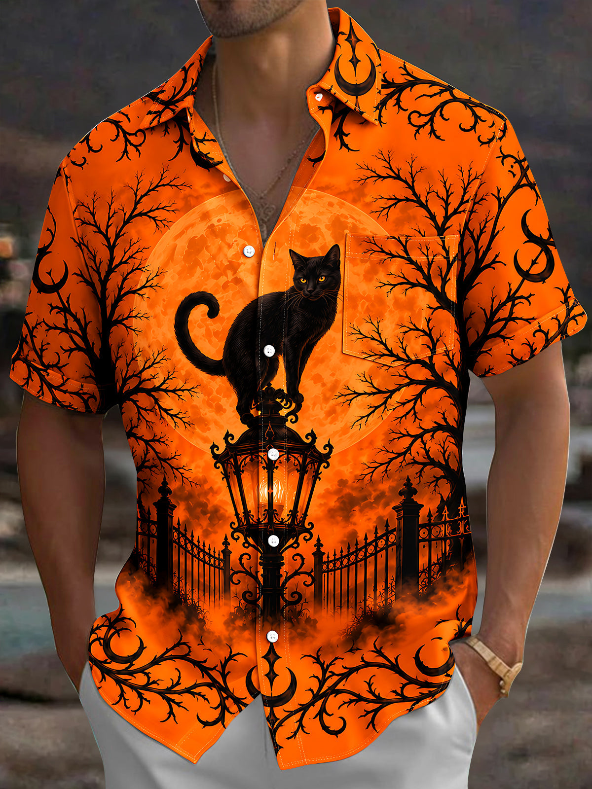 Adaychic Men's Short Sleeve Shirt - Halloween Black Cat On Lantern With Moon And Trees Print with Chest Pocket