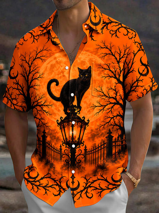 Adaychic Men's Short Sleeve Shirt - Halloween Black Cat On Lantern With Moon And Trees Print with Chest Pocket