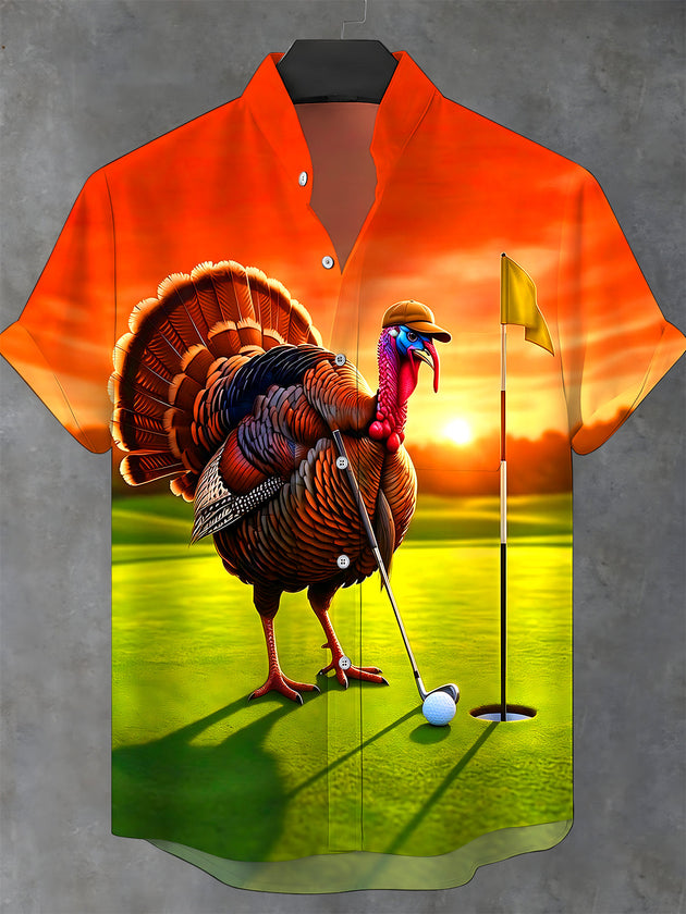 Adaychic Men's Short Sleeve Stand Collar Shirt - Thanksgiving Turkey Playing Golf At Sunset Print with Chest Pocket