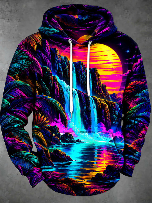 Adaychic Men's Tropical Neon Waterfall And Palm Trees Print Long Sleeve Hoodie