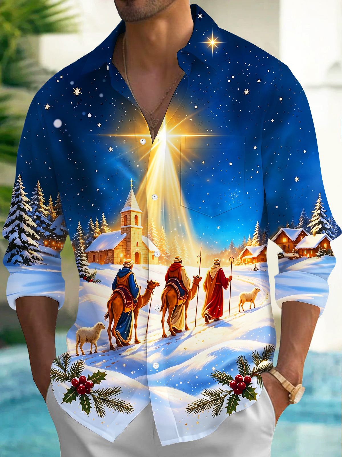 Adaychic Men's Christmas Three Wise Men And Camels Print Long Sleeve Shirt with Chest Pocket