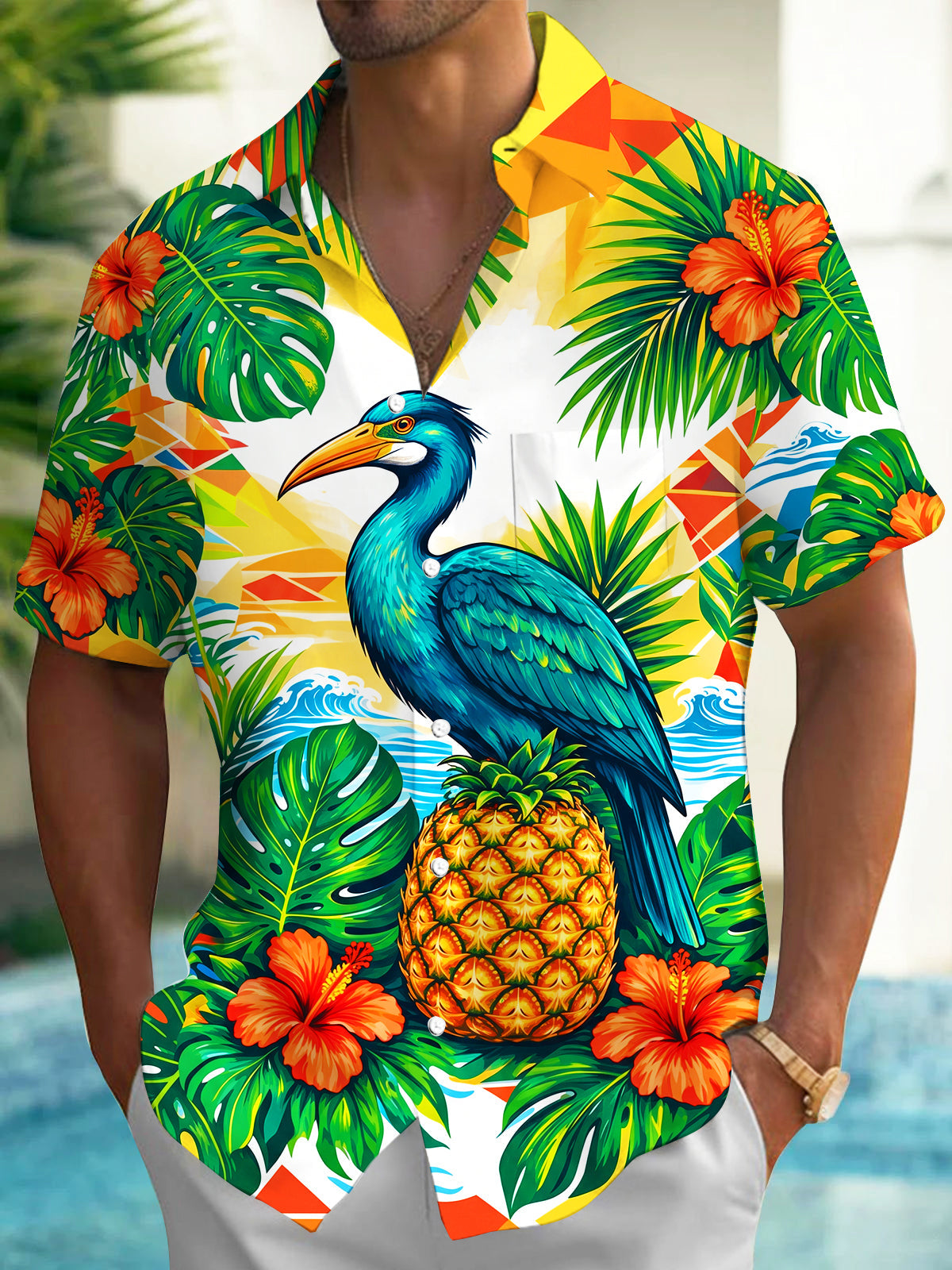 Adaychic Men's Hawaiian Blue Pelican And Pineapple Print Short Sleeve Shirt with Chest Pocket