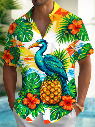 Adaychic Men's Hawaiian Blue Pelican And Pineapple Print Short Sleeve Shirt with Chest Pocket