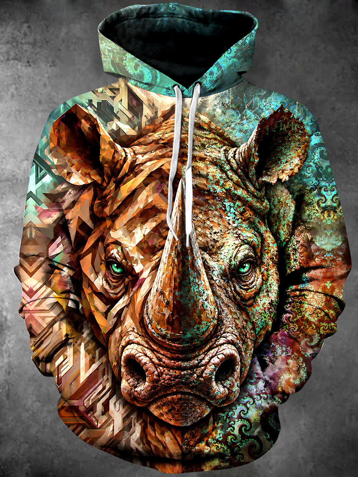 Adaychic Men's Long Sleeve Hoodie - Rhino Head With Geometric And Fractal Patterns Print