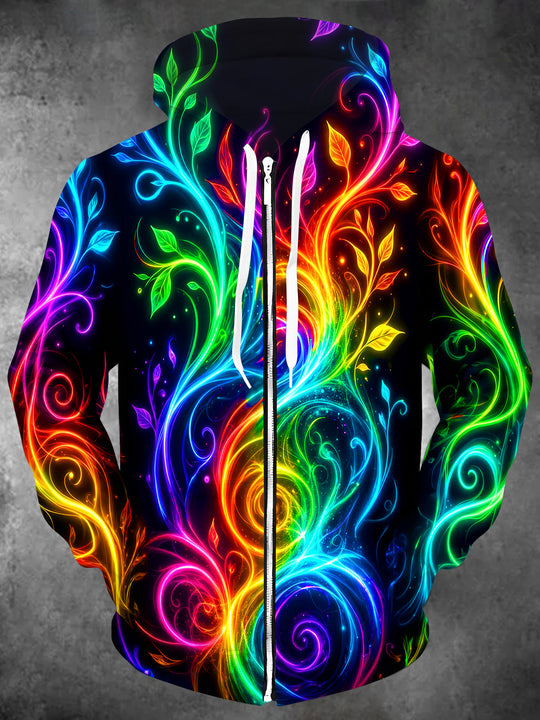 Adaychic Men's Neon Colorful Vines And Leaves Print Long Sleeve Zip-Up Hoodie with Kangaroo Pocket