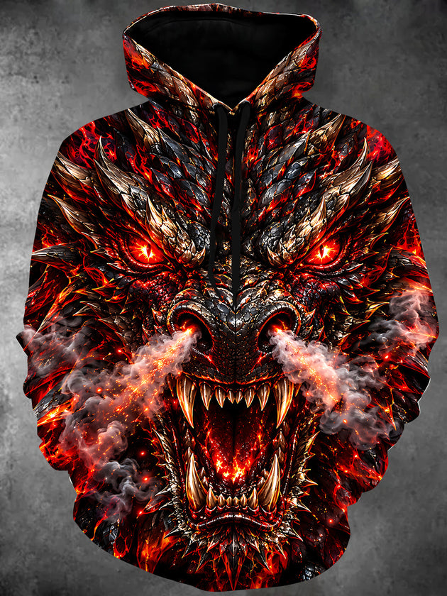 Adaychic Men's Graphic Fiery Dragon Head Print Long Sleeve Hoodie