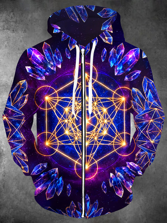 Adaychic Men's Long Sleeve Zip-Up Hoodie - Sacred Geometry And Crystal Clusters Print