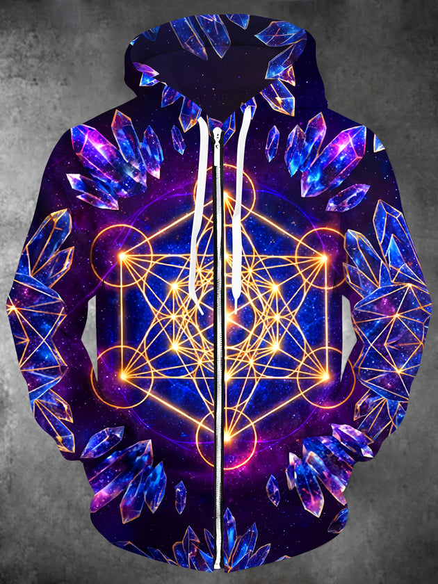 Adaychic Men's Long Sleeve Zip-Up Hoodie - Sacred Geometry And Crystal Clusters Print