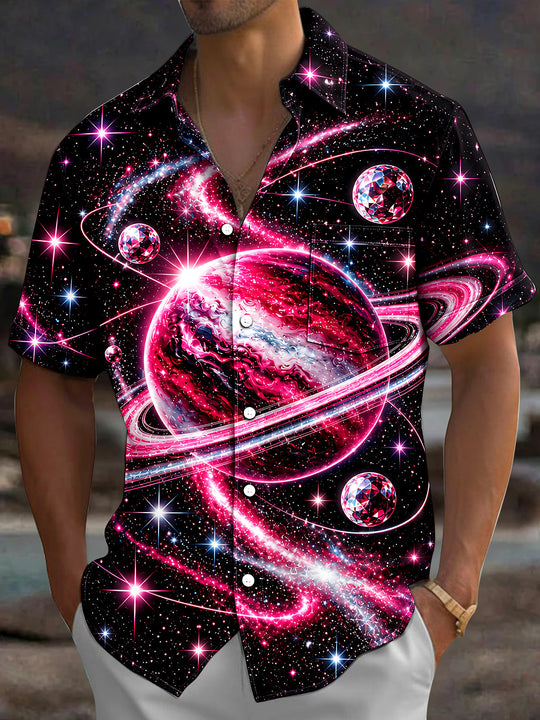 Adaychic Men's Space Galaxy With Planets And Stars Print Short Sleeve Shirt with Chest Pocket