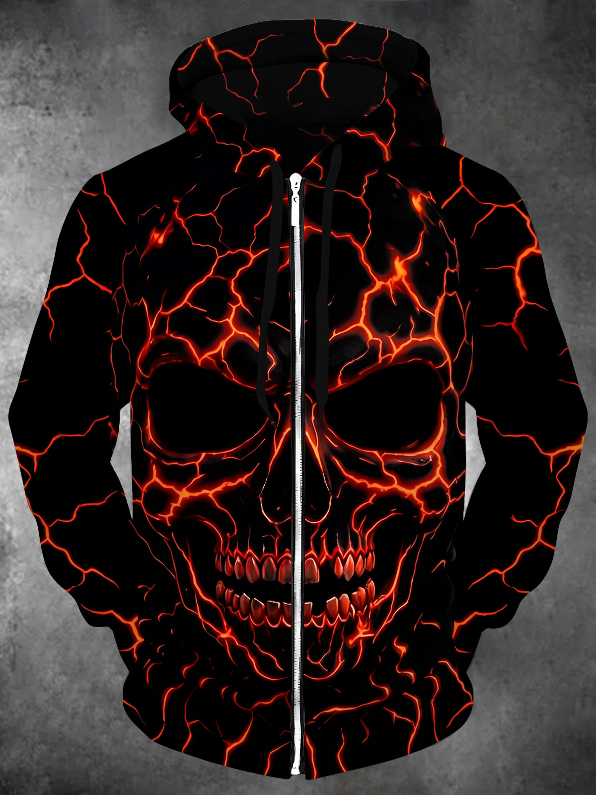 Adaychic Men's Graphic Lava Cracked Skull Print Long Sleeve Zip-Up Hoodie