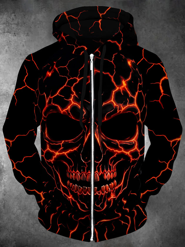 Adaychic Men's Graphic Lava Cracked Skull Print Long Sleeve Zip-Up Hoodie