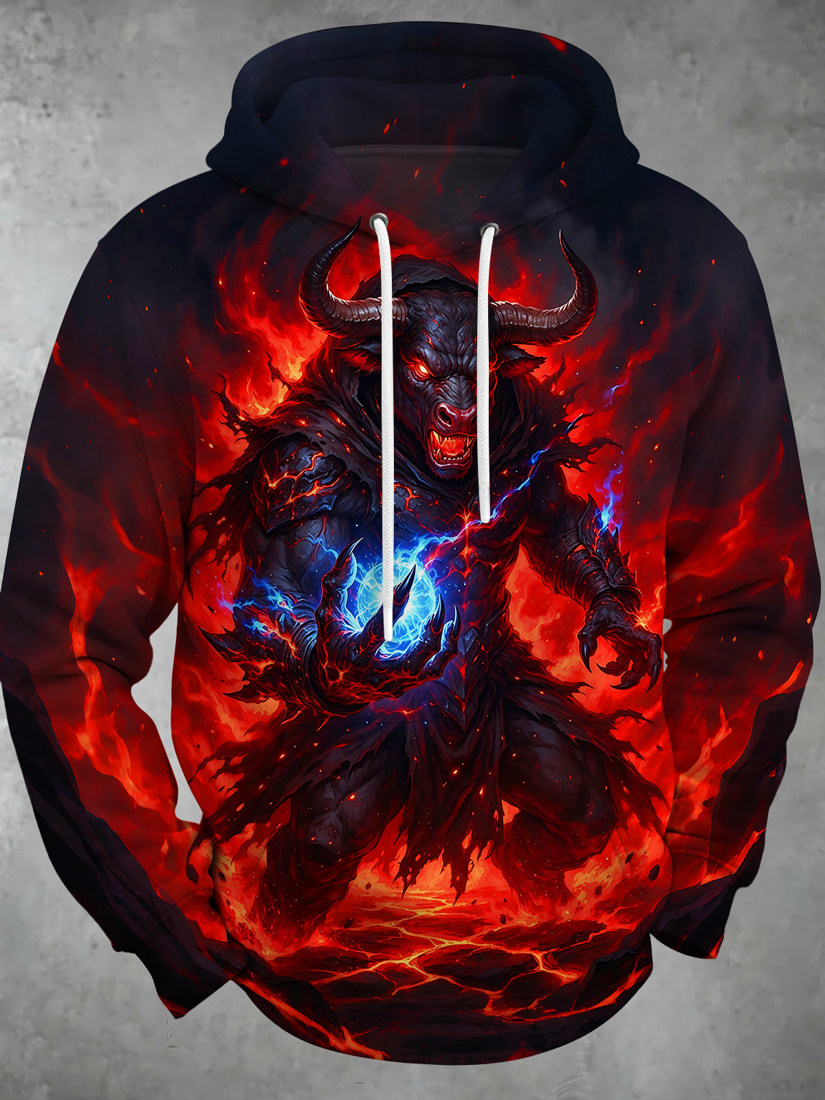 Adaychic Men's Long Sleeve Hoodie - Dark Blazing Bull Demon With Blue Energy Orb Print