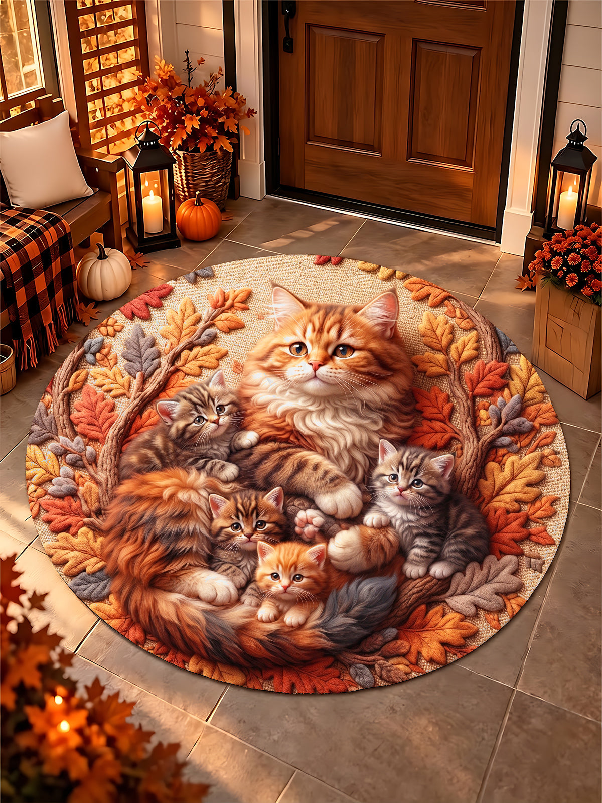 Adaychic Autumn Maine Coon FamilyRound Area Rug