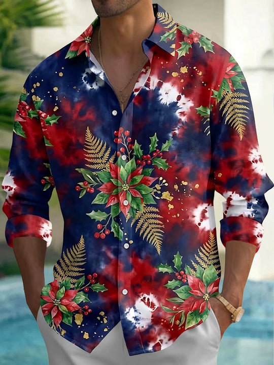 Adaychic Men's Long Sleeve Shirt - Christmas Poinsettia And Holly With Gold Ferns Print with Chest Pocket